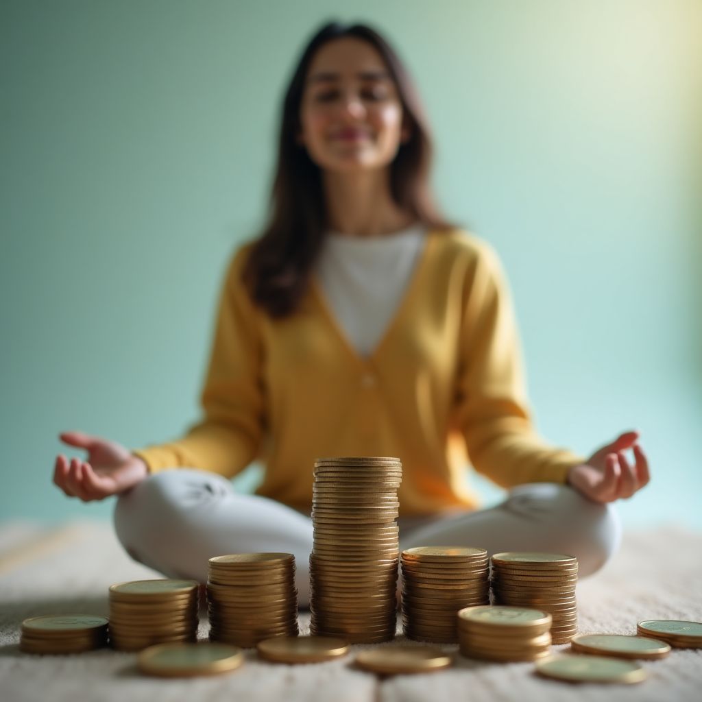 Una persona meditando con monedas en la mano