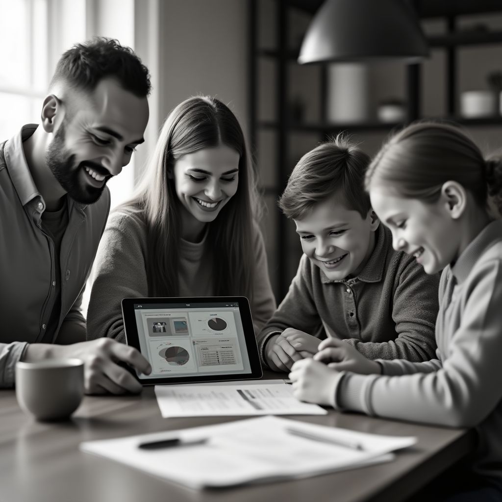 Una familia sonriendo y planificando su presupuesto