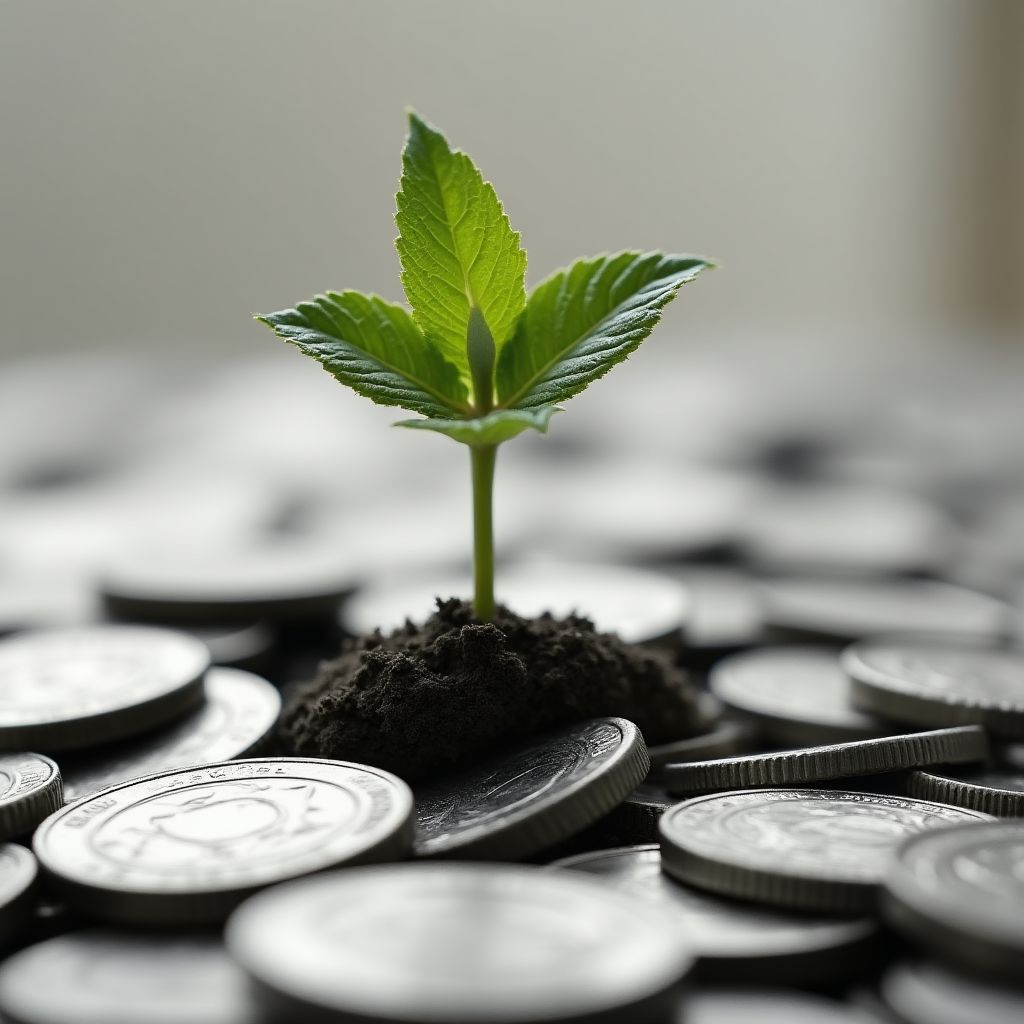 Una pequeña planta creciendo a través de una pila de monedas