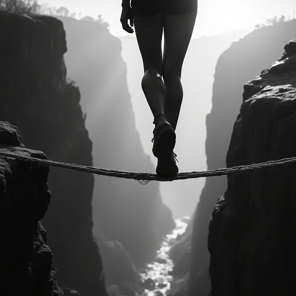 Una persona caminando en una cuerda floja con una red de seguridad debajo